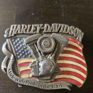 Harley-Davidson Silver and Red Flag Belt Buckle